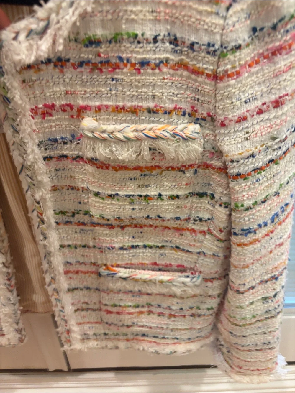 J. Crew White Multicolor Tweed Fringe Collar Jacket